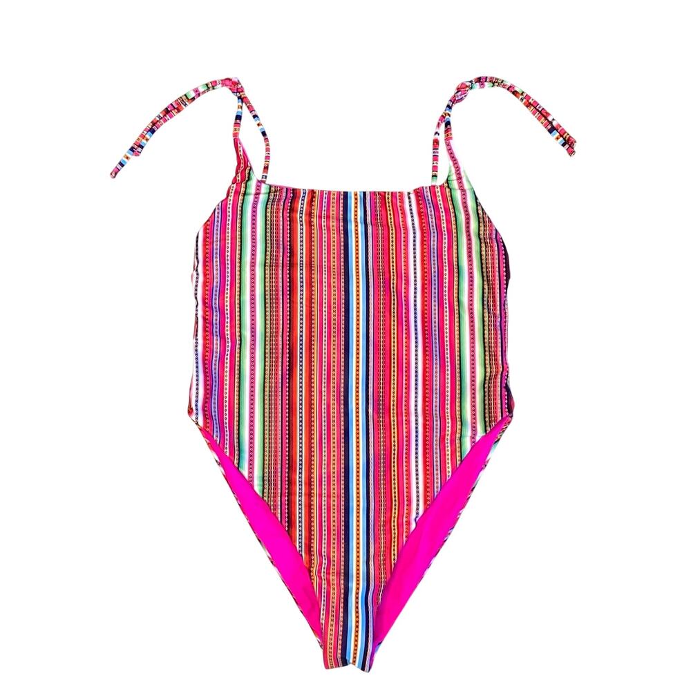 Solkissed Reversible One-Piece Swim Suit Sz M Pink Mexicana Stripe Pattern